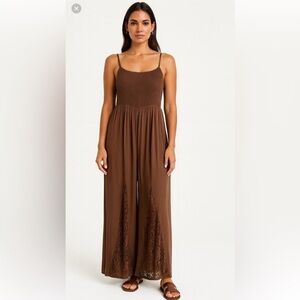 Sleeveless Brown Wide-Leg with crochet Lace- detail Jumpsuit